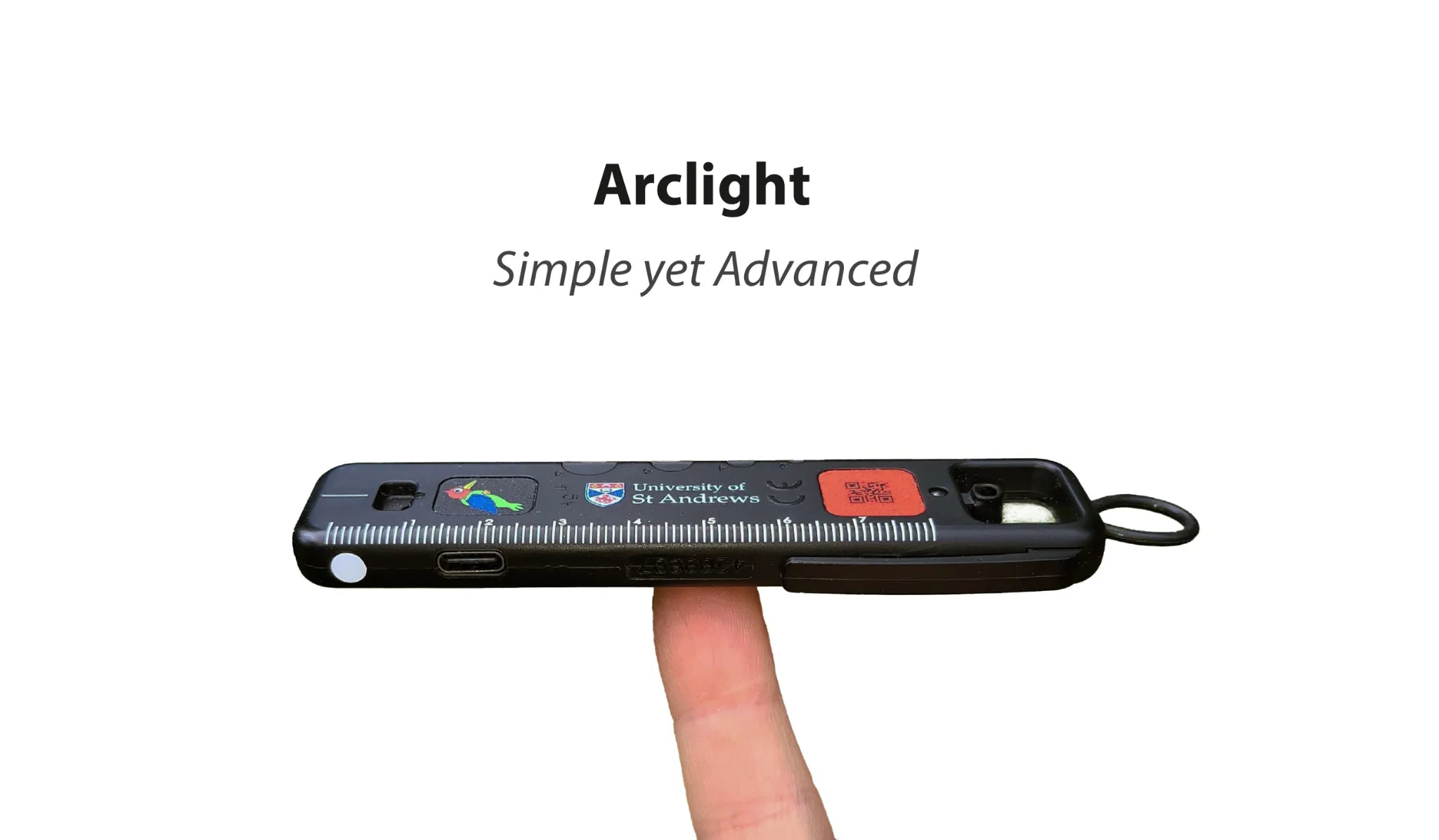Arclight device balanced on top of finger featuring the Arclight logo, and slogan 'simple yet advanced'.