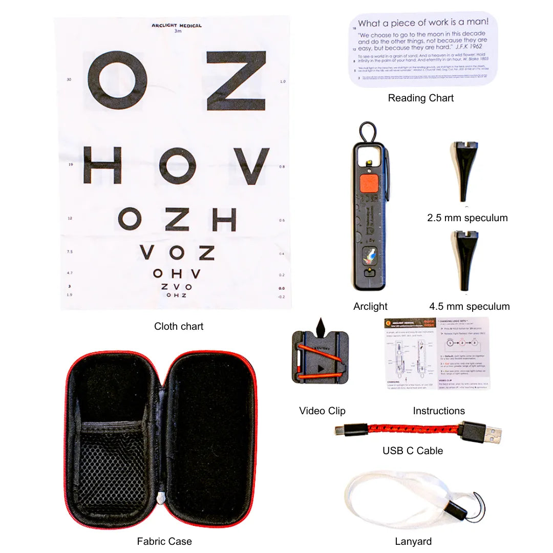 The image displays the contents of the Arclight Diagnostic Kit, which is available on the Arclight Project website. The kit components are arranged neatly and labelled for easy identification, highlighting the comprehensive nature of this portable diagnostic set.